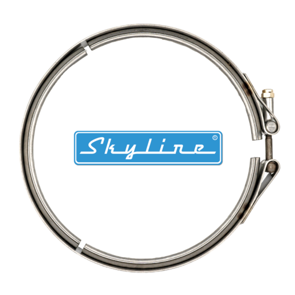 A photo of a single CL077 Skyline aftermarket clamp for a diesel engine emission control system